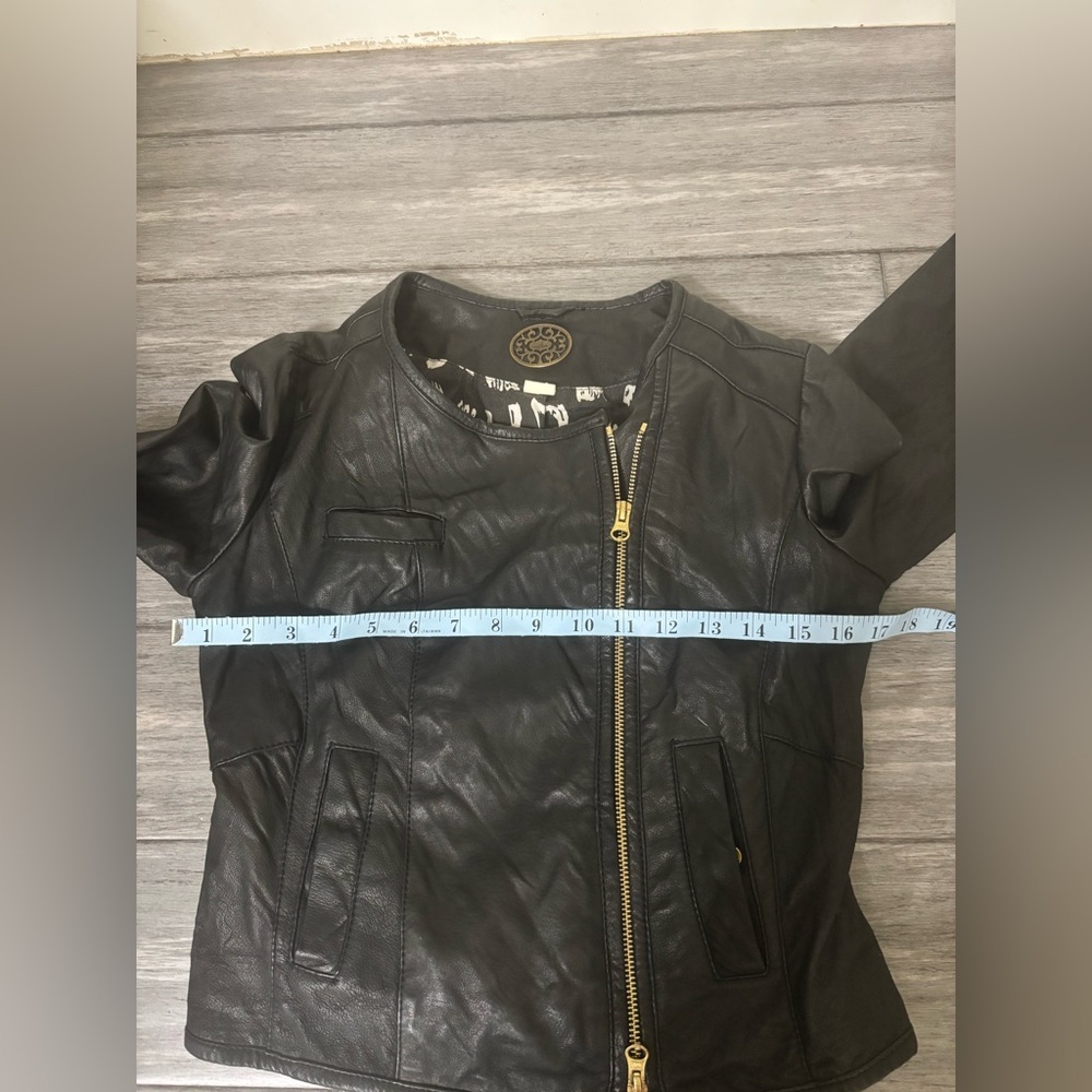 Anthropologie Idra Black Leather Moto Jacket Gold Zip Cropped Biker Edgy Chic - Picture 10 of 14